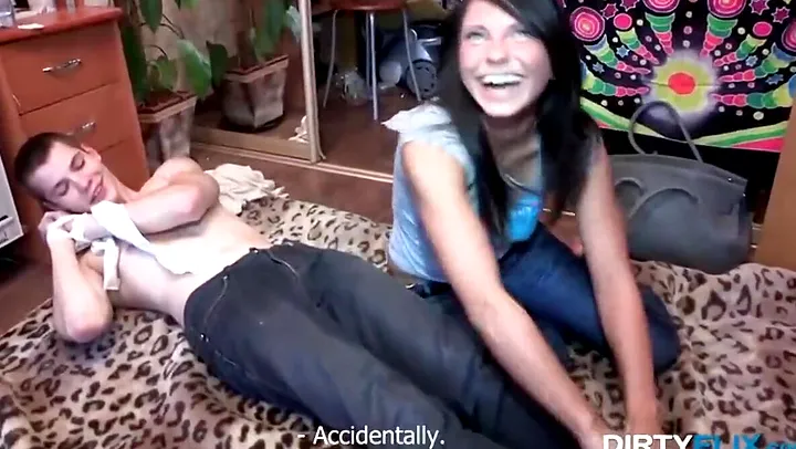 Frisky teen brunette gave a blowjob to her step- brother while her boyfriend was forced to watch